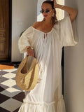 ADVBRIDGE  -  Fringed Lace Up Long Dress Ruffle Pleated Slit Tassel Baggy Slimming Fashion Layered Robes Vacation Beach Women Maxi Dresses New