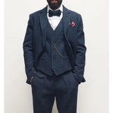 Advbridge Navy Blue Wool Tweed Male Suit for Winter Herringbone Groomsmen Wedding Tuxedos Formal Prom Party Men Clothes 3 Pieces