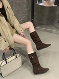 ADVBRIDGE  -  New Design Belts Buckle Women Flat Heels Height-Increasing Insoles Mid Calf Boots Fashion Square Toe Riding Shoes Booties