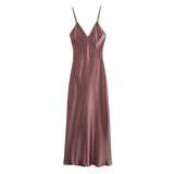 ADVBRIDGE  -  Satin Sexy Solid Suspender Midi Dress Women Summer New V Neck Sleeveless Long Dresses Vintage Fashion Elegant A-line Vestidos