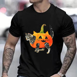 Advbridge Summer Men Funny Street Personality Fun T-Shirt Fashion O Collar Short Sleeve Casual Top Halloween Pumpkin Cat Print Clothing