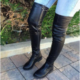 ADVBRIDGE  -  Chunky Heels Over Knee Boot Women Thigh High Flat Boots Ladies Solid Color Shiny Leather Large Boots Black Slim Shoes De Mujer
