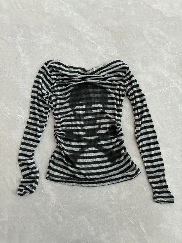 Advbridge Gothic Striped Women T-shirts Off Shoulder Harajuku Sexy Punk Black Graphic Tops 2000s Japanese Style Gyaru Streetwear