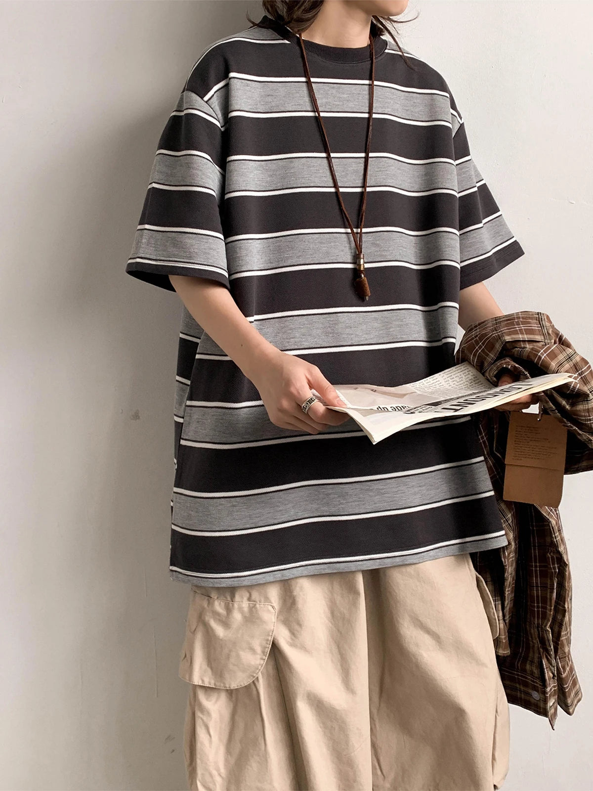 ADVBRIDGE  -  Heavy Cotton Men's Short Sleeve T Shirt Striped Summer Cotton Bottom Shirt Half Sleeve Long Fleece Cotton T Shirt Q250
