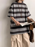 ADVBRIDGE  -  Heavy Cotton Men's Short Sleeve T Shirt Striped Summer Cotton Bottom Shirt Half Sleeve Long Fleece Cotton T Shirt Q250