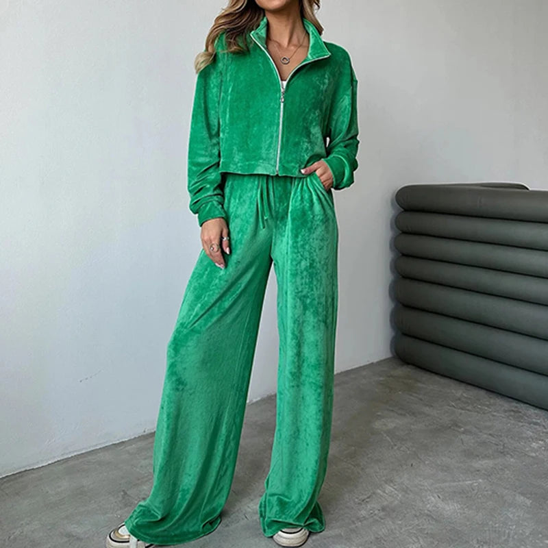 Advbridge Fashion Casual Velvet Tracksuits Outfits Autumn Stand Collar Zippered Crop Coat+Long Pant Set Elegant Solid Color Street 2pc Set