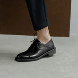 Advbridge Spring Women Loafers Cow Leather Flats Round Toe Square Heel Women Shoes Casual Lace-up Low Heel Pumps Women Oxford Shoes