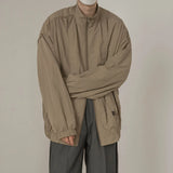 Advbridge Mens Two-Way Zipper Thin Casual Jacket Autumn Genderless Korean Style Retro Solid Color Stand Collar Loose Simple Jacket Unisex