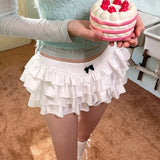 Advbridge Y2k Kawaii Cute Cake Ruffles White Mini Skirt Women Bow Slim Skirt Elastic Waist Summer A-line Skirt Going Out Party Streetwear