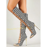 Advbridge Zebra Stripes Chain Gladiator Boots Metal Toe Iron Chain Splicing Sandals Boots White Black Sexy Autumn Fashion Women High Boots