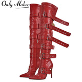 Advbridge Women Pointed Toe Red Over The Knee Boots Buckle Strap Thin High Heel Lady Zipper Female Thigh High  Stiletto Boots
