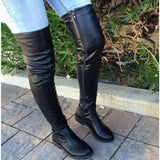 ADVBRIDGE  -  Chunky Heels Over Knee Boot Women Thigh High Flat Boots Ladies Solid Color Shiny Leather Large Boots Black Slim Shoes De Mujer