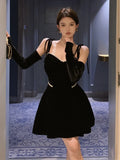 ADVBRIDGE  -  French Retro Black Velvet Dress Women Autumn Beaded V-neck Sexy Off Shoulder Bow Strap Elegant Party Vestidos Fashion Mini Dress