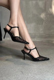 ADVBRIDGE  -  Sexy Pointy Toe Mesh Heeled Sandals Women Luxury Bling Decorated High Heels Elegant T-Strap Ankle Strap Buckle Party Dress Shoe