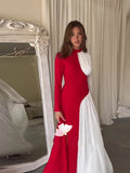 Advbridge 2024 Elegant Contrast Spliced Pleated Maxi Dress Women's Chic Mock Neck Long Sleeve Slim Robe Female New Party Evening Vestido