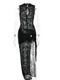 Advbridge Sexy Hollow Out High Slit Lace Women Maxi Dress Black See Through Evening Dress Female Autumn New Elegant Party Clubwear