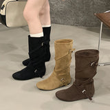 ADVBRIDGE  -  New Design Belts Buckle Women Flat Heels Height-Increasing Insoles Mid Calf Boots Fashion Square Toe Riding Shoes Booties