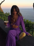 Advbridge Sexy Purple Deep V-neck Hollow Out Pleated Maxi Dress Women Elegant Long Sleeves Bodycon Dresses 2024 New Female Holiday Robes