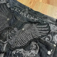 Advbridge 2024 New American Retro Skull Wings Embroidered Baggy Jeans Men And Women Y2K Harajuku Hip-hop Gothic Wide Trousers Streetwear