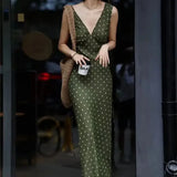 ADVBRIDGE  -  Summer Fashion Green Polka Dot Dress Women French Retro Elegant Slim Long Womens Dresses V-neck Sleeveless Silk Vestido
