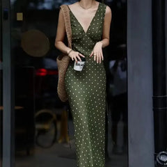 ADVBRIDGE  -  Summer Fashion Green Polka Dot Dress Women French Retro Elegant Slim Long Womens Dresses V-neck Sleeveless Silk Vestido