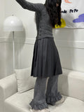 Advbridge Korean Casual Women Knitted Ruffles Flare Pants Vintage Simple Fashion All Match Wide Leg Trousers Y2k Grunge Mujer Pantalones
