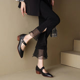 Advbridge NEW Spring/Fall Women Pumps Genuine Leather Shoes for Women Pointed Toe Chunky Shoes Mid-Heel Mary Janes Retro Belt Buckle Shoes