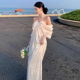 Advbridge Hanging Neck Off Shoulder Dress, Women'S White Jacquard Design, Unique And Beautiful Temperament, Seaside Vacation Long Dress