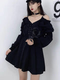 Advbridge Large Size Gothic Women Black Mini Dress Sexy Off Shoulder High Waist Tunic Ladies Party Dress Long Sleeve V Neck Vestidos