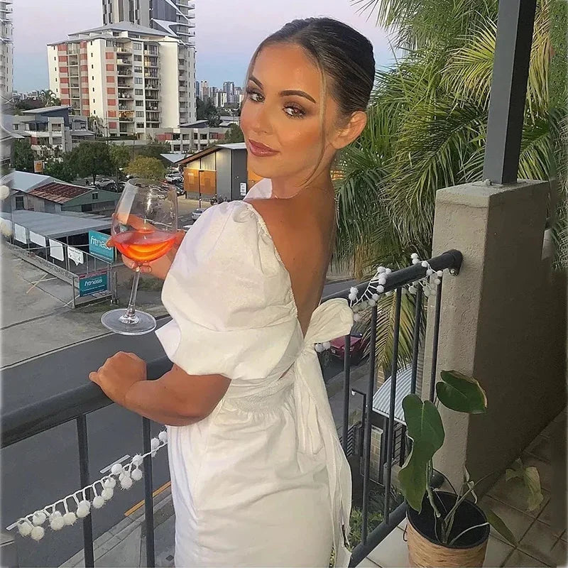 Advbridge Tie Back White Summer Short Dress Women's Casual Short Sleeve Square Collar Mini Backless Dress Femme Retro Dress 2024