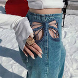 Advbridge -  Side Butterfly Jeans Women Sexy Hollow Embroidery Long Pants Women's All Match Casual Denim Pant Female Summer