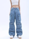 Advbridge Y2k Vintage Cargo Pants Women Multi-pocket Blue High Waist Jeans Streetwear Fashion Harajuku Casual Denim Wide Leg Pants