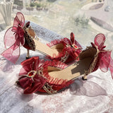 Advbridge Retro Court Romantic Style Cosplay Lolita Elegant Girl Red Satin Gem Lace Bow Gorgeous 8cm Flower Wedding High Heeled Shoes