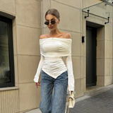 Advbridge Off Shoulder Long Sleeve Top Women's Sexy Slim Fit Pullover Top White Pleated High Waist Long Sleeve Off Shoulder Top