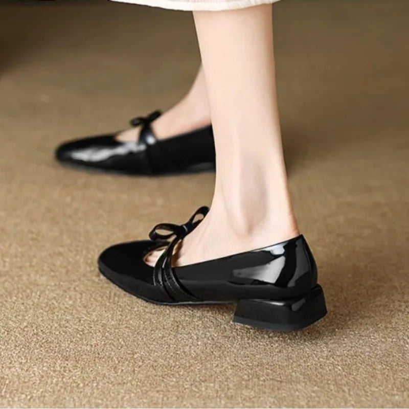 Advbridge -  New Women Mary Jane Shoes Red Ladies Footwear Japanese Style Lolita Low Heel Elegant Bow Leather Shoes Chunky Heel Shoes