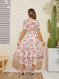 Advbridge Sexy V Neck Beach Dress Woman Bodycon Short Sleeve Maxi Dress Elegant Pleated Pink Floral Long Summer Dresses For Women 2024