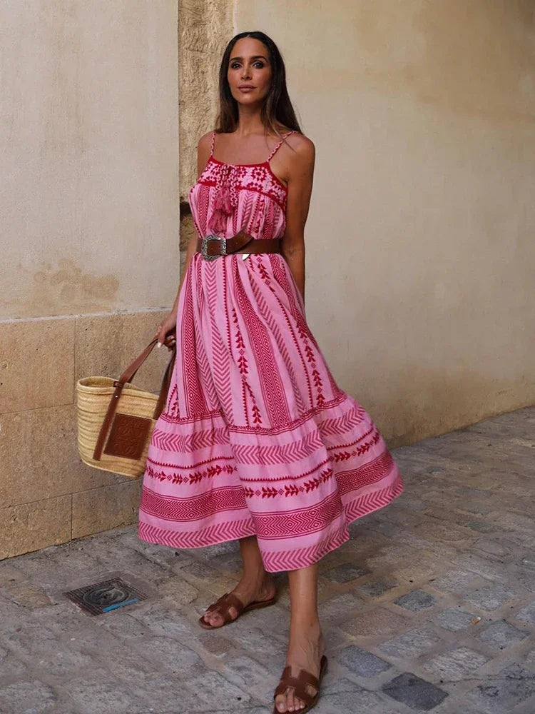 Advbridge Crochet Bohemian Summer Dress for Women Spaghetti Strap Red Vintage Tassel Beach Dress Maxi Long Casual Sundress Autumn