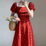 ADVBRIDGE  -  Spring Dress Women's Red Printed Retro Square Neck Dress Puff Sleeve Temperment Feminine Chiffon Vestidos Elegant Female