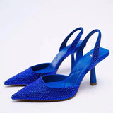 Advbridge pointed toe glod/blue crystal sandals women sexy backsling glitter party shoes big size cutout high heels sandalias mujer