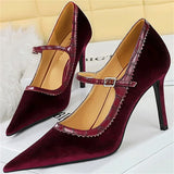 Advbridge Women 10cm High Heels Pointed Toe Pumps Fashion Lady Stiletto High Heels Burgundy Wedding Bridal Velvet Mary Janes Party Shoes