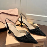 Advbridge Fashion Trendy Rhinestone Stiletto Sandals Women's Back Empty Bow Pointed High Heels 6.5cm
