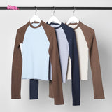 Advbridge Vintage Patchwork Ribbed T-shirt Women Autumn Casual Round Neck Long Sleeve Tee Shirt Retro Streetwear Chic Cotton T Shirt Tops