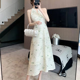 ADVBRIDGE  -  New Chinese Style Retro Dresses for Women Temperament Elegant Robe Summer Printed V-neck Nail Bead Chic Dress