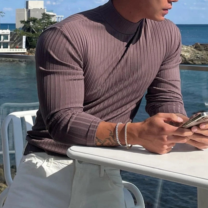 Advbridge Men Clothing Casual High Elastic Basic Tops Gym Male Fashion Long Sleeve Striped Pullovers Streetwear Turtleneck Shirts Tees