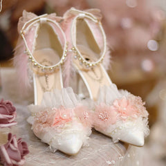 Advbridge Lolita Flower Wedding Shoes One Night Story Lolita Shoes Pink Pointed Versatile Mid Heel High Heel Slim Heel Shoes