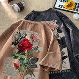 Advbridge Gothic Washed Tshirts Rose Printed Streetwear Men T-shirt O-neck Oversized Korean Short Sleeve Tops Harajuku Casual Male Tee