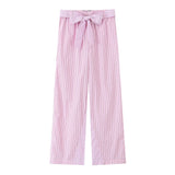 ADVBRIDGE  -  Pink Striped Casual Pants Sets Women Spring New Lace Trim Long Sleeve Pocket Crop Tops+Bow Sleeveless Tank Tops+Belted Trousers