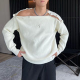 Advbridge Mens Autumn Winter Metal Shoulder Buckle Y2k Off-Shoulder Knitted Sweater Essential Hollow Lazy Style Loose Sweater For Men