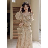 ADVBRIDGE  -  French Style Print Chiffon Long Dresses Women Puff Sleeve Fashion Irregular Ruffle Chic V-neck Retro Vestido Korean Casual Dress