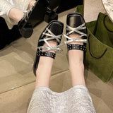 Advbridge 2024 Luxury Women Square Toe Bow Mary Jane Single Shoes Real Genuine Leather Flat Bottom Rivet Belt Buckle Ballet